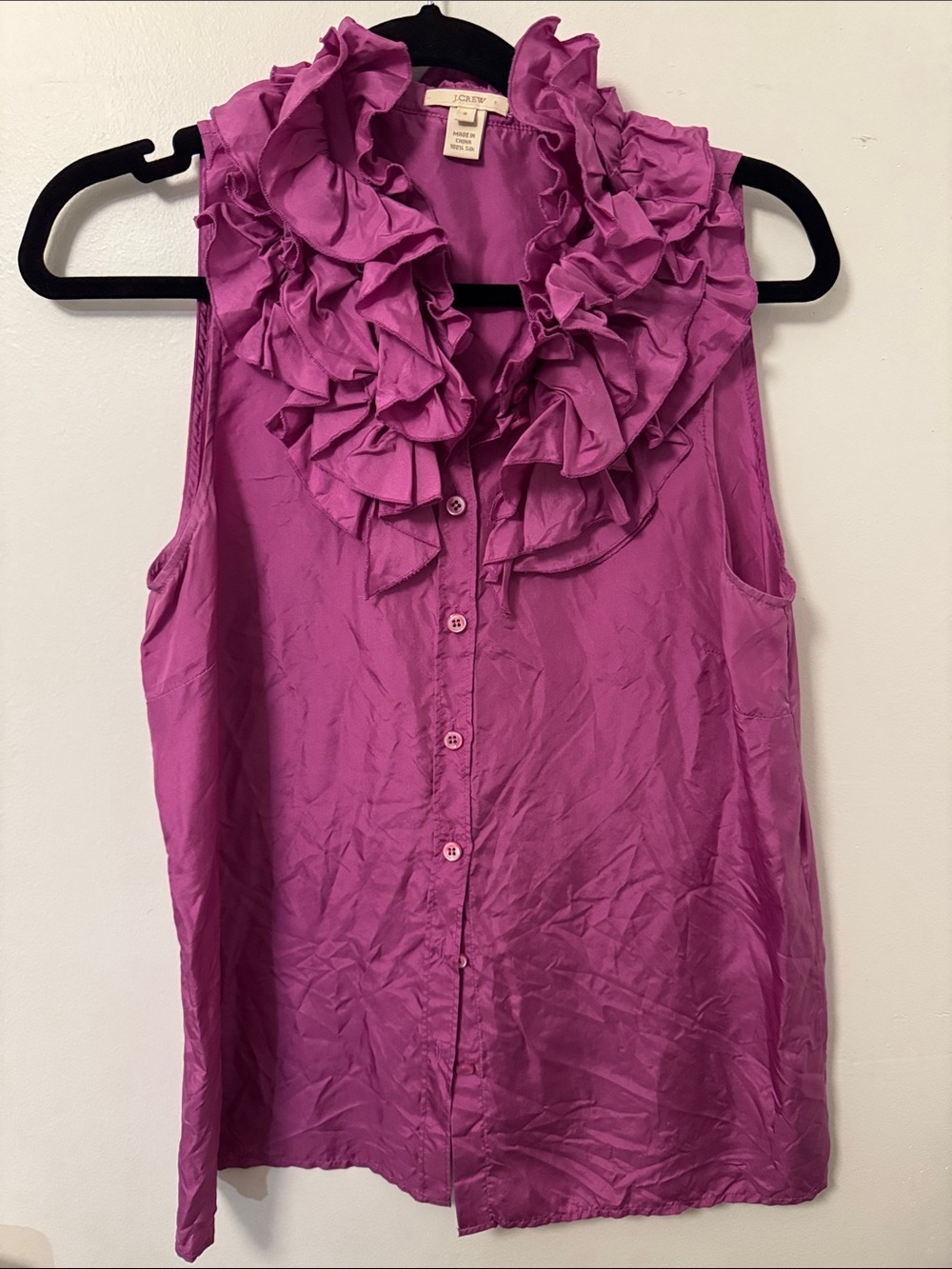J. Crew Sleeveless Ruffle Button-Front Blouse in Magenta